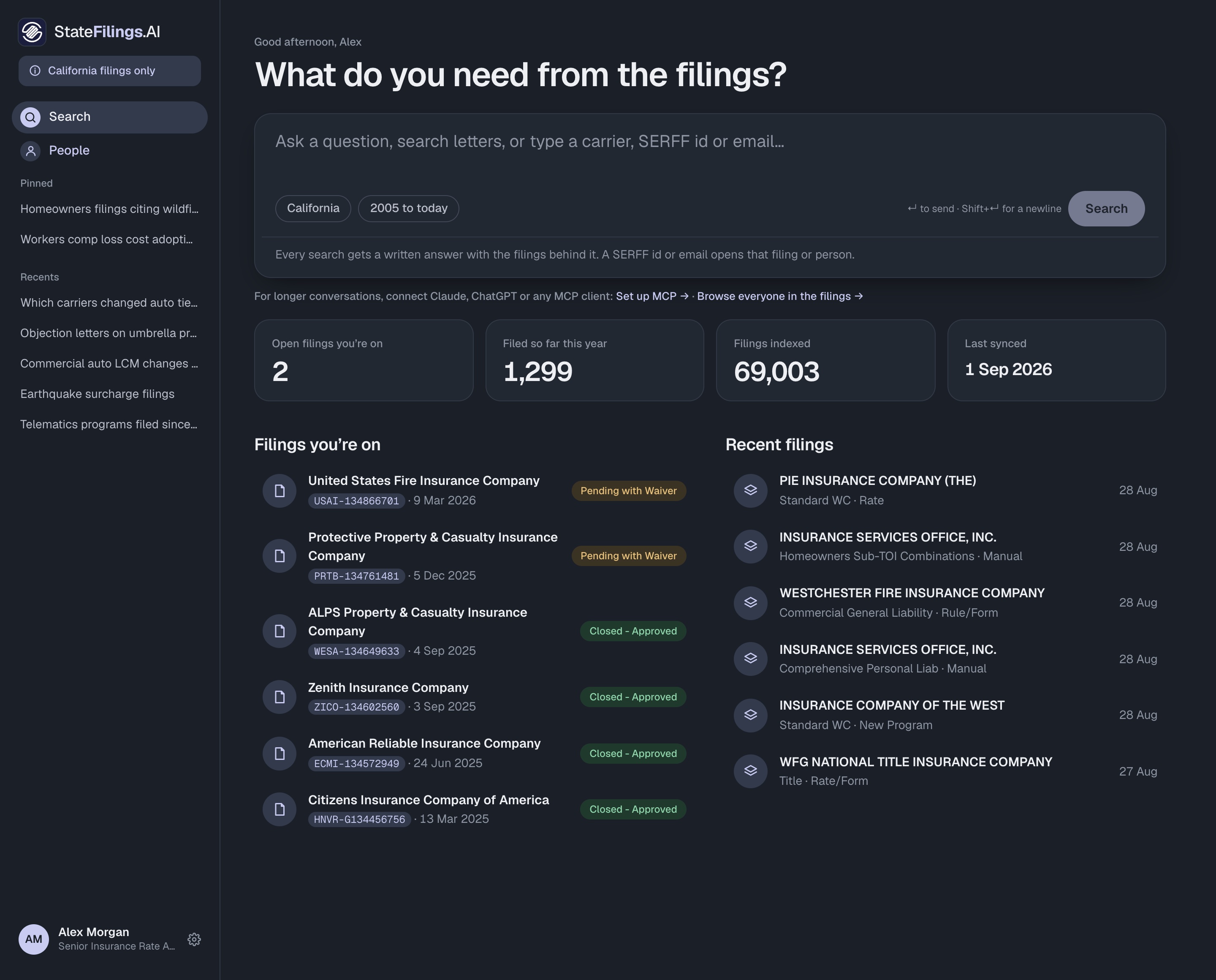 Home for a CDI rate reviewer: one search box, their open filings, the filings they're on and the latest filings
